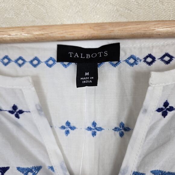 Talbots Embroidered 100% Cotton Tank Top sz M White Blue Sleeveless Notch Neck - Picture 7 of 11